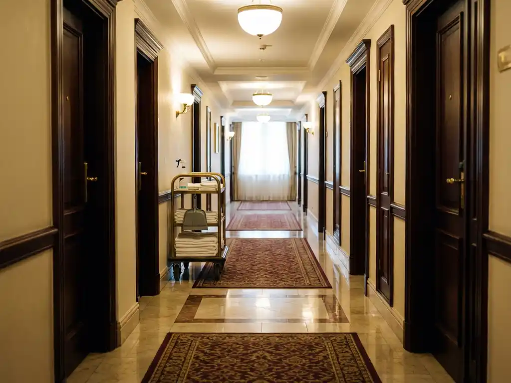 Lege hotelgang met marmeren vloeren, mahoniehoutdeuren en warme verlichting die zachte schaduwen creëert