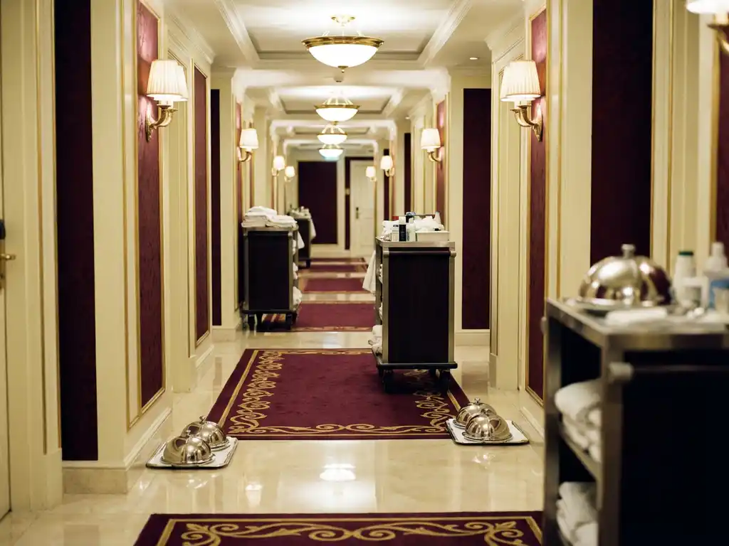 Lege hotelgang met marmeren vloeren, warme plafondverlichting, roomservice karren en huishoudwagens langs cremekleurige wanden