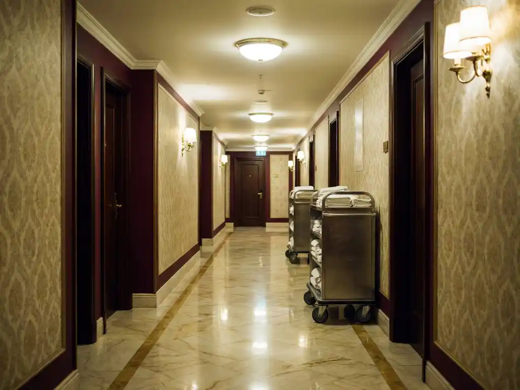 Lege hotelgang met marmeren vloeren, elegante wandbekleding, gesloten kamers en schoonmaakkarren tegen de muur