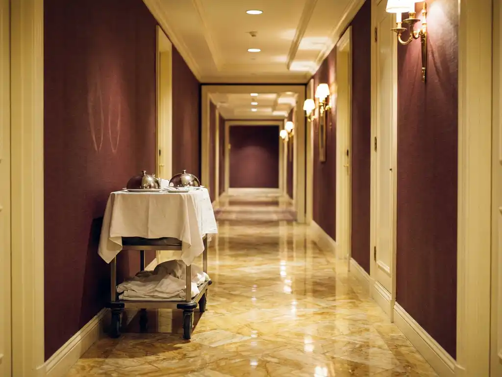 Verlaten hotelgang met marmeren vloeren, roomservice karretje tegen bordeauxrode muren en warme plafondverlichting