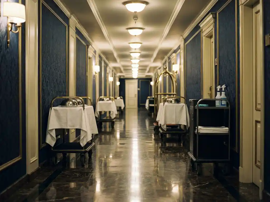 Lege luxe hotelgang met marmeren vloeren, elegante wandbekleding en roomservice karren langs de muren