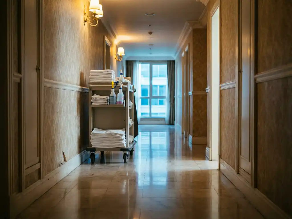 Lege hotelgang met marmeren vloeren, elegante wandbekleding en schoonmaakkar tegen de muur, natuurlijk licht aan het einde