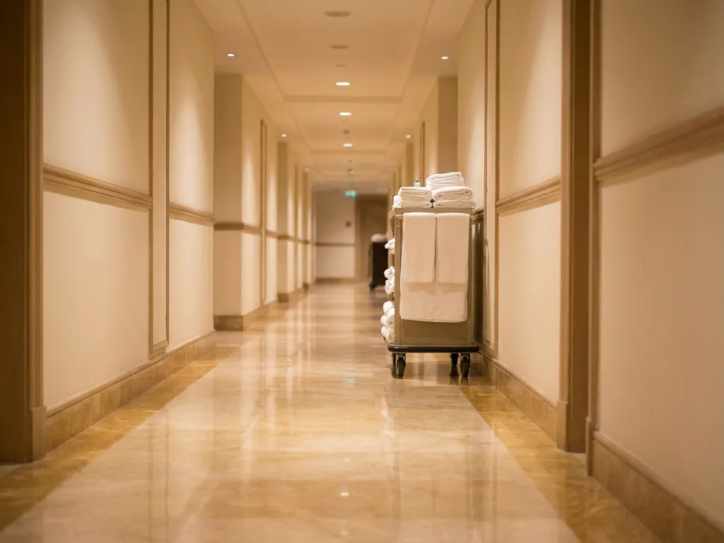 Lege hotelgang met gepolijste marmeren vloeren, crèmekleurige muren en huishoudwagen met verse linnengoed