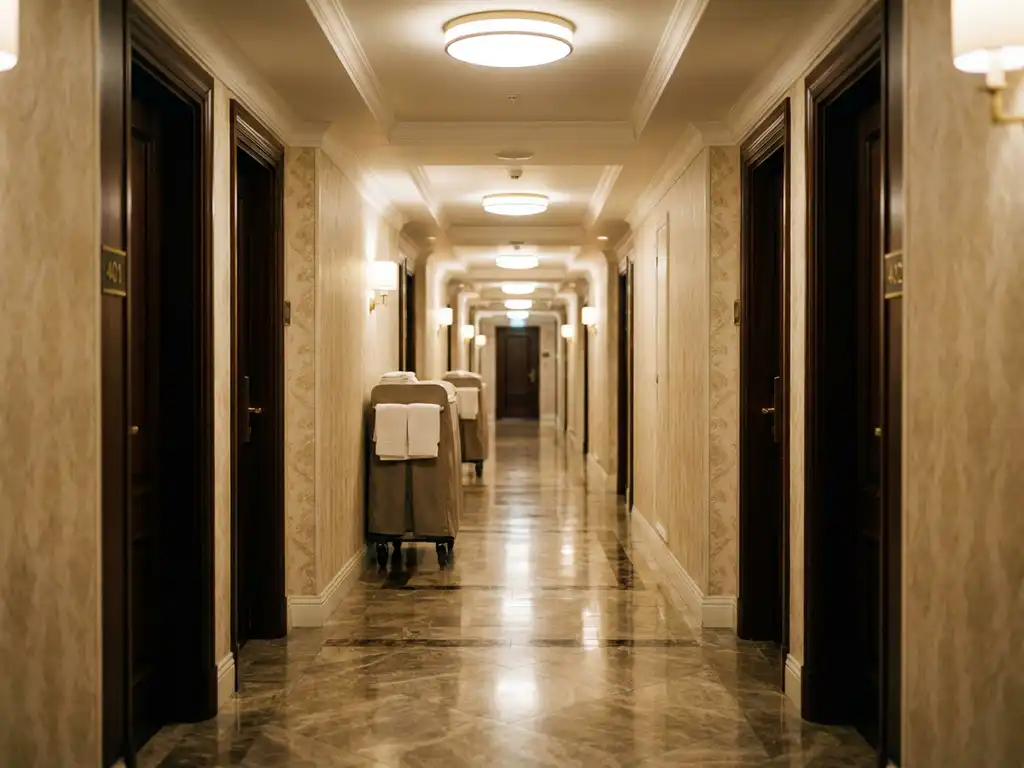 Lege hotelgang met marmeren vloeren, elegante wandbekleding, gesloten kamers en huishoudkarretjes langs de wanden
