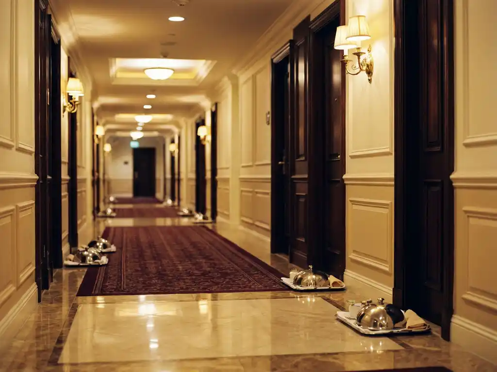 Lege hotelgang met marmeren vloeren, warme verlichting, roomservice dienbladen bij gesloten deuren en bordeauxrode loper