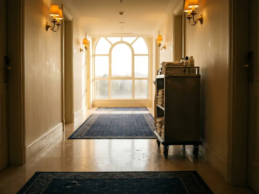 Lege hotelgang met marmeren vloeren, elegante wandlampen, schoonmaakkar met handdoeken en gouden zonlicht door ramen