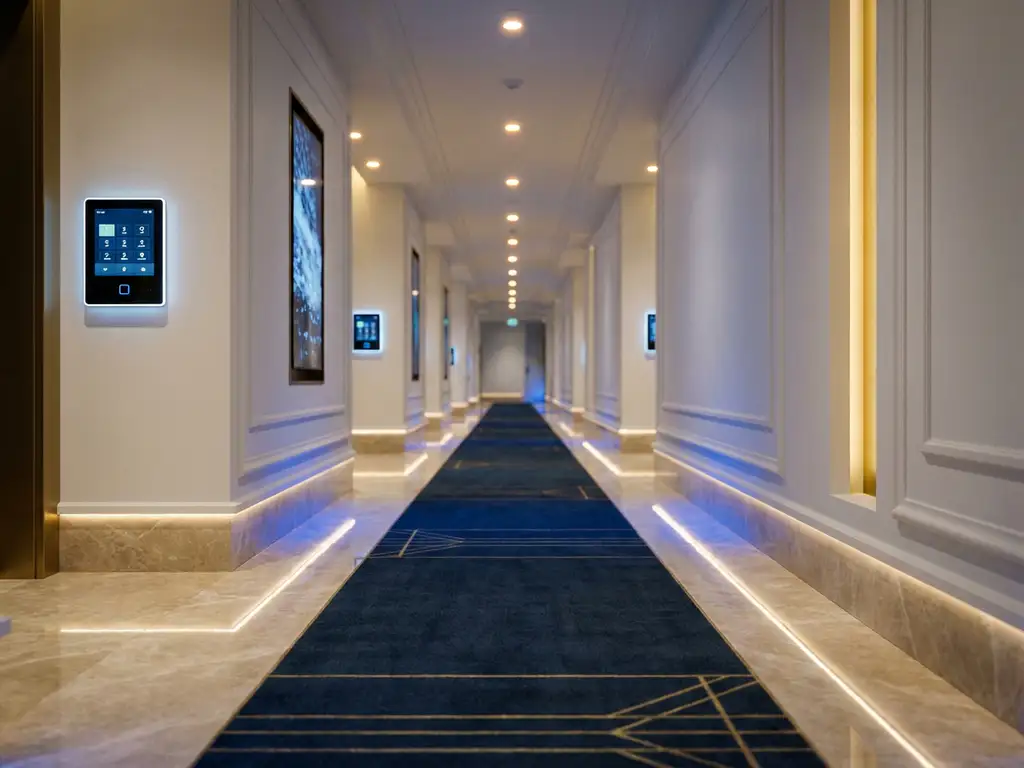 Elegante lege hotelgang met gepolijste marmeren vloeren, warme plafondverlichting en moderne wandpanelen