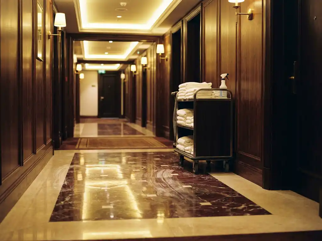 Lege hotelgang met marmeren vloeren, donkere houten lambrisering en huishoudwagen met handdoeken tegen de muur