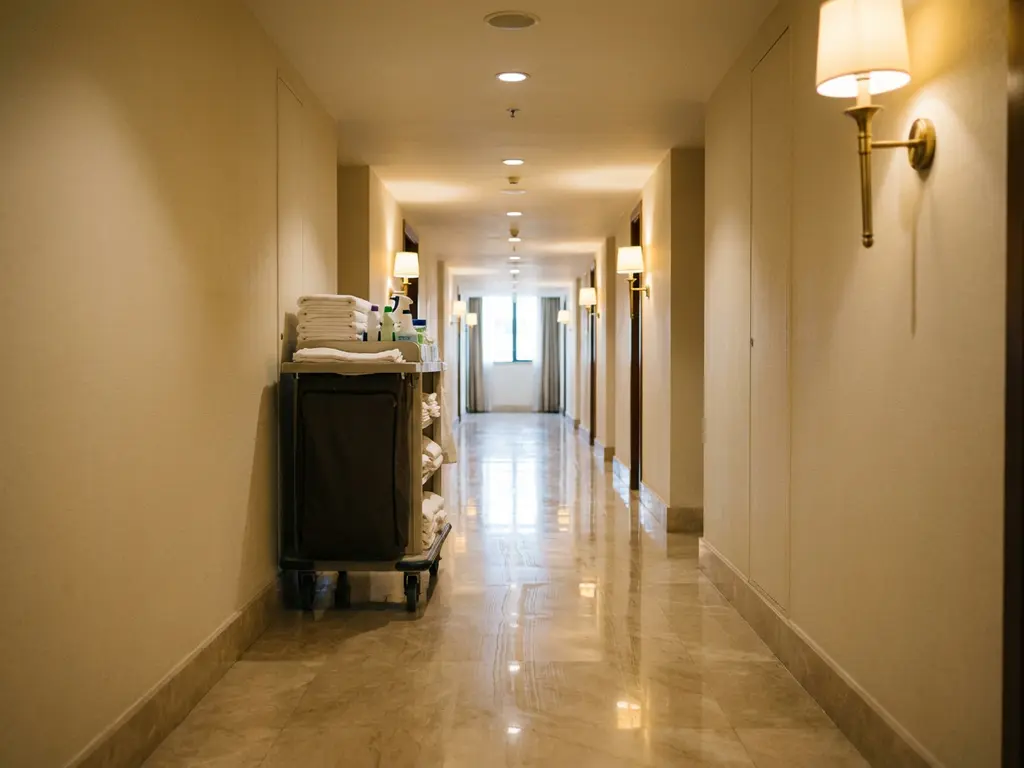 Lege hotelgang met marmeren vloeren, warme plafondverlichting en schoonmaakwagen tegen crèmekleurige muren