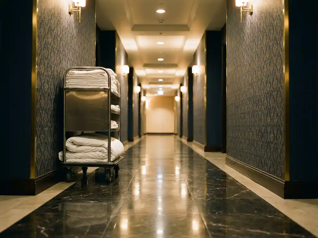 Schone hotelgang met marmeren vloeren en huishoudkarretje tegen de muur, warme verlichting weerkaatst op glanzende oppervlakken