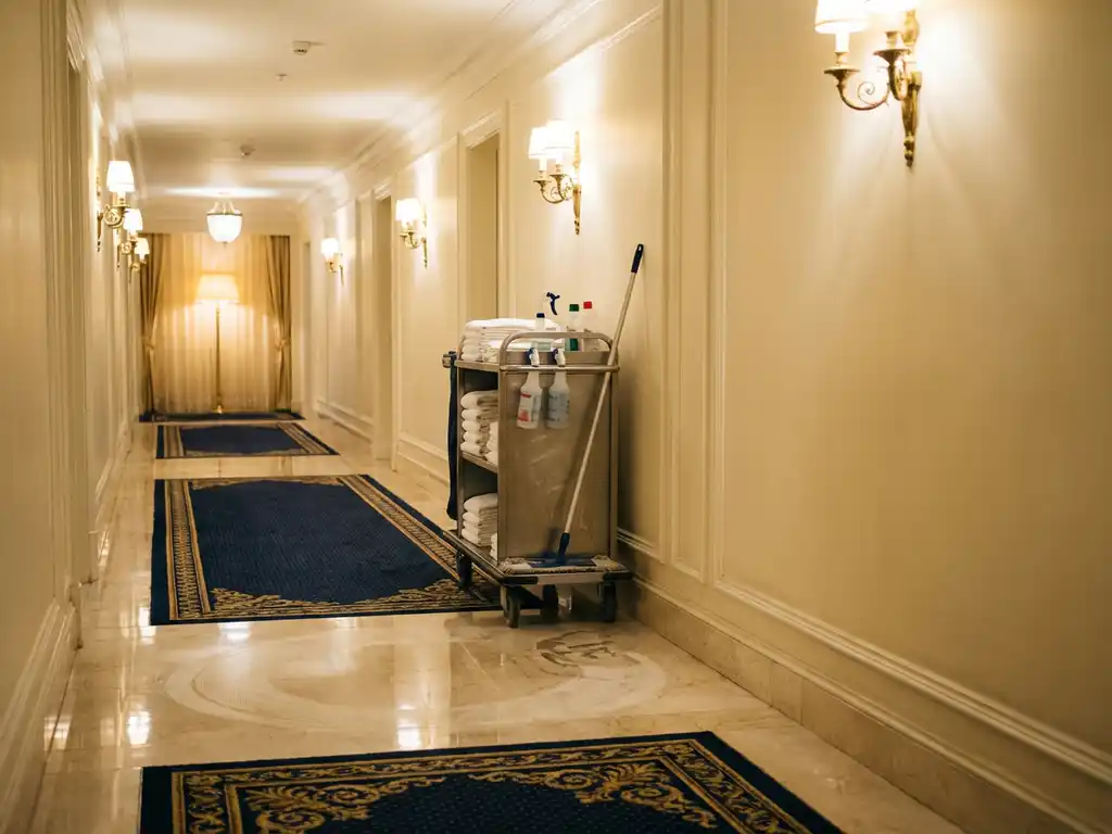 Lege hotelgang met marmeren vloer, cremekleurige muren, wandlampen en schoonmaakkar met handdoeken tegen de wand