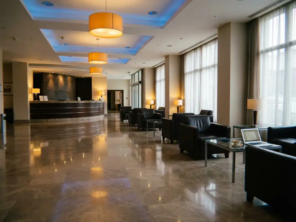 Lege hotellobby met marmeren vloeren, leren fauteuils, glazen tafels en verlaten receptiebalie met laptop en koffiekopje