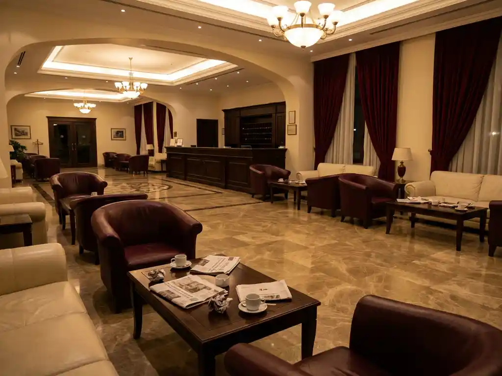 Lege hotellobby met marmeren vloeren, leren fauteuils rond salontafels met achtergelaten kranten en koffiekopjes, receptiebalie zonder personeel in warme gouden verlichting