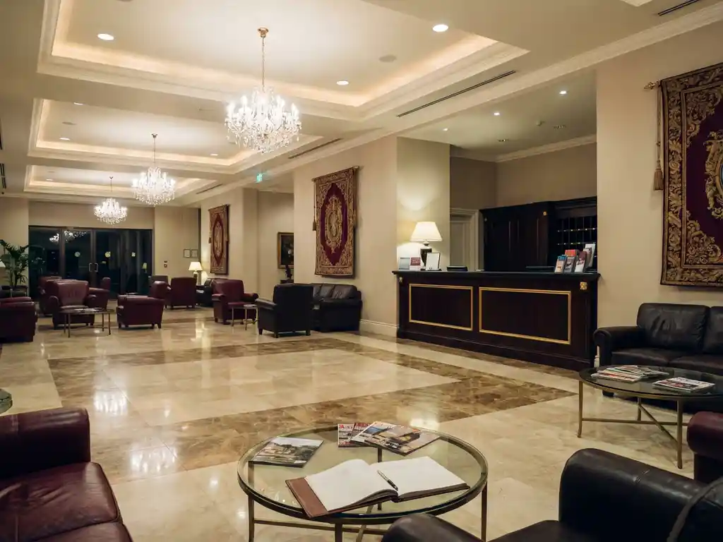 Lege hotellobby met marmeren vloeren, leren zitmeubels, onbemande receptiebalie en kristallen kroonluchters in warme verlichting