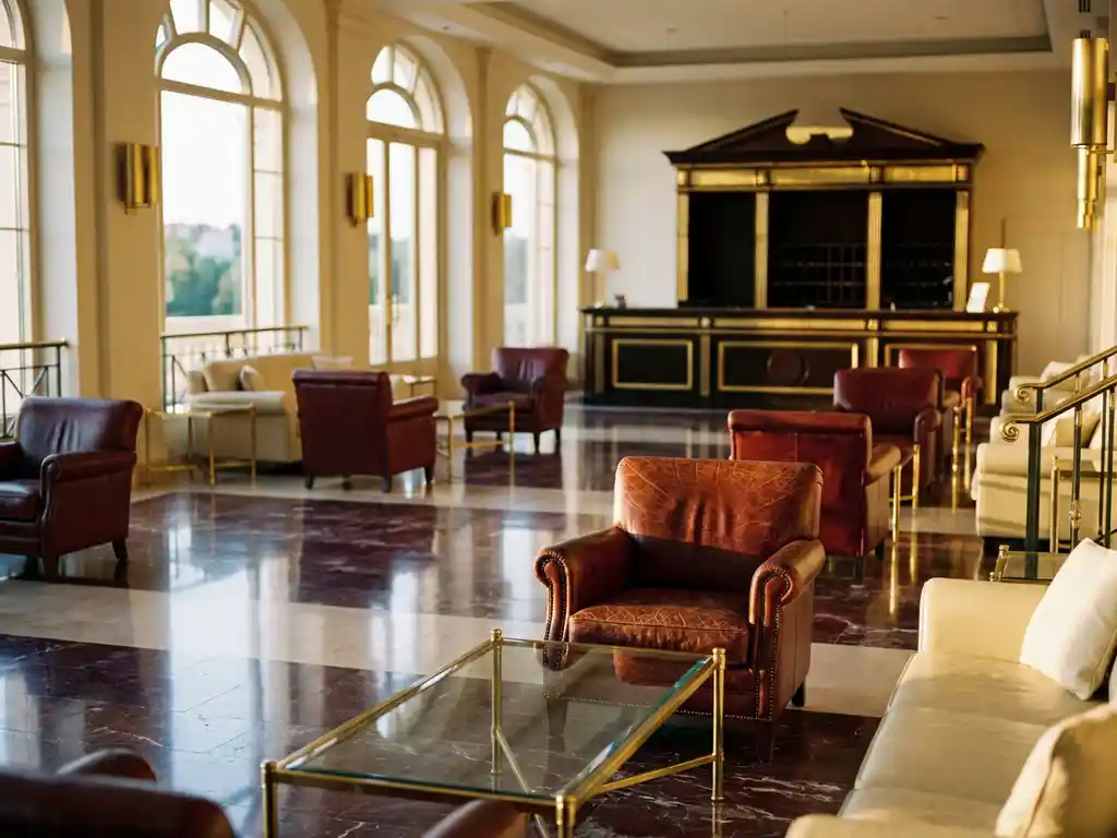 Lege luxe hotellobby met marmeren vloeren, leren zitmeubels en gouden verlichting door grote ramen