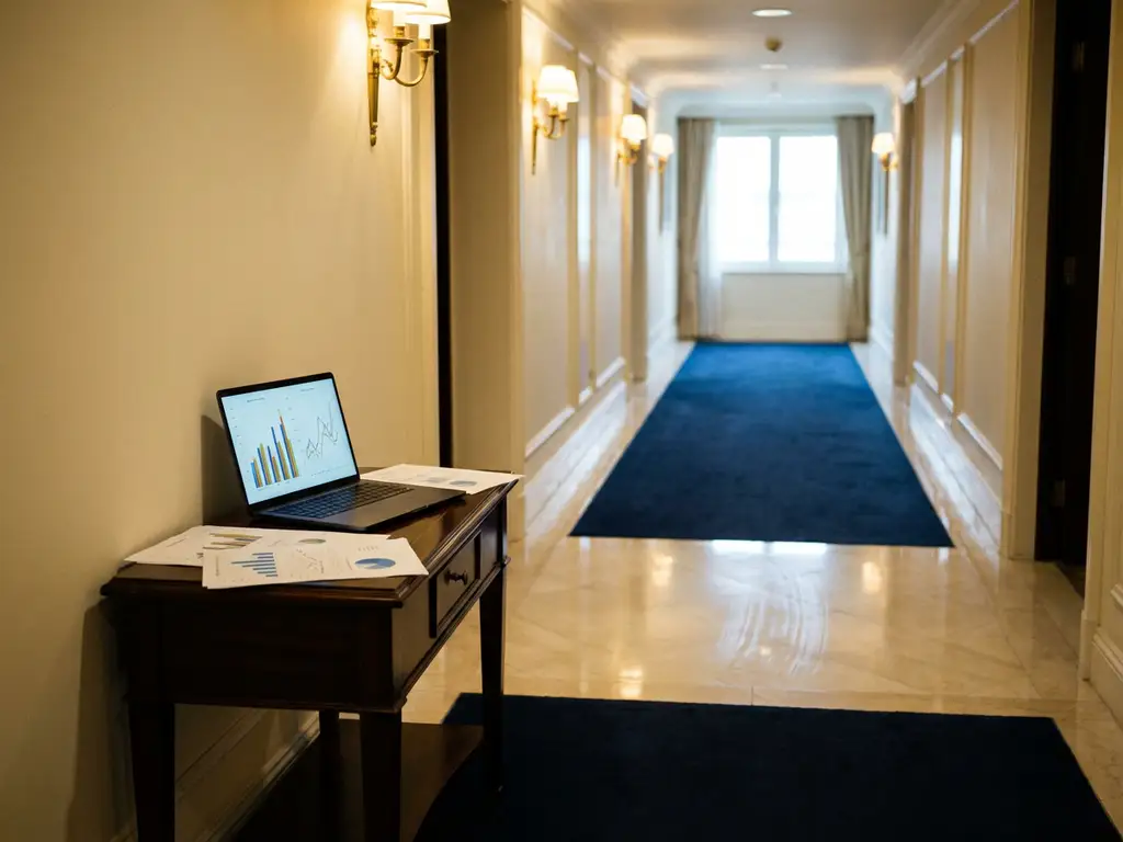 Lege hotelgang met marmeren vloer, laptop met kleurrijke grafieken op bijzettafel, verspreide papieren met prestatiemetingen