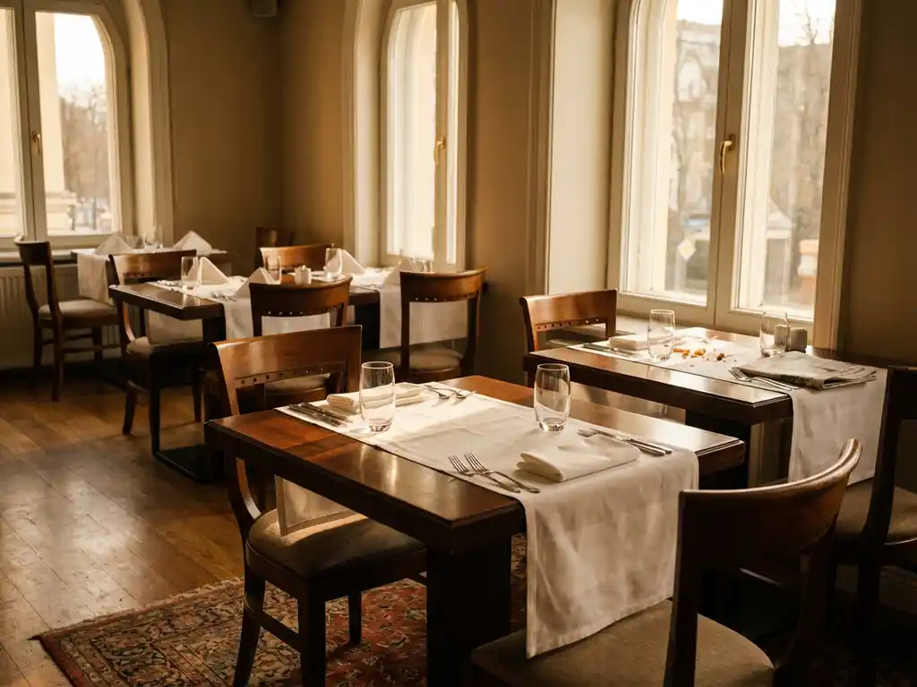 Leeg hotelrestaurant met gedekte houten tafels, witte tafelkleden en glanzend bestek in warm middaglicht