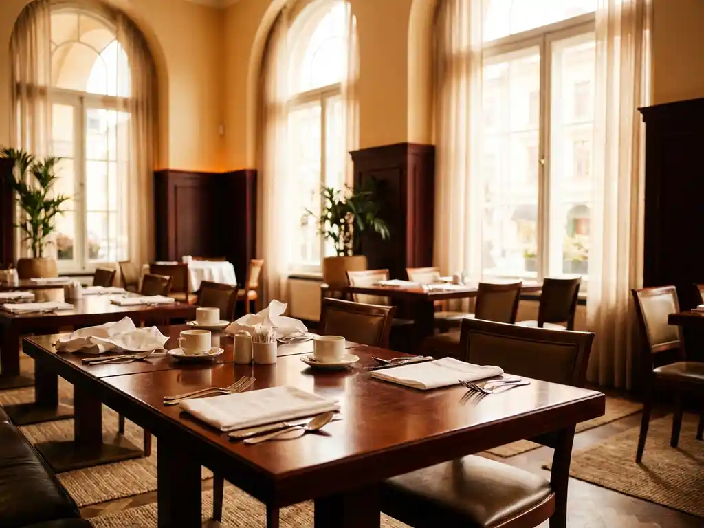 Leeg hotelrestaurant met gedekte tafels, witte tafellinnen en bestek, zacht middaglicht door hoge ramen