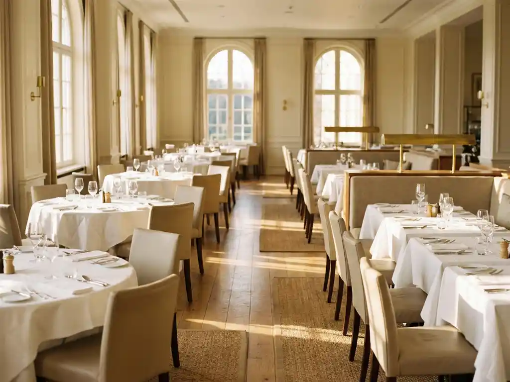 Lege hotelrestaurant met wit gedekte tafels, gepolijst bestek en zachte middaglicht door grote ramen
