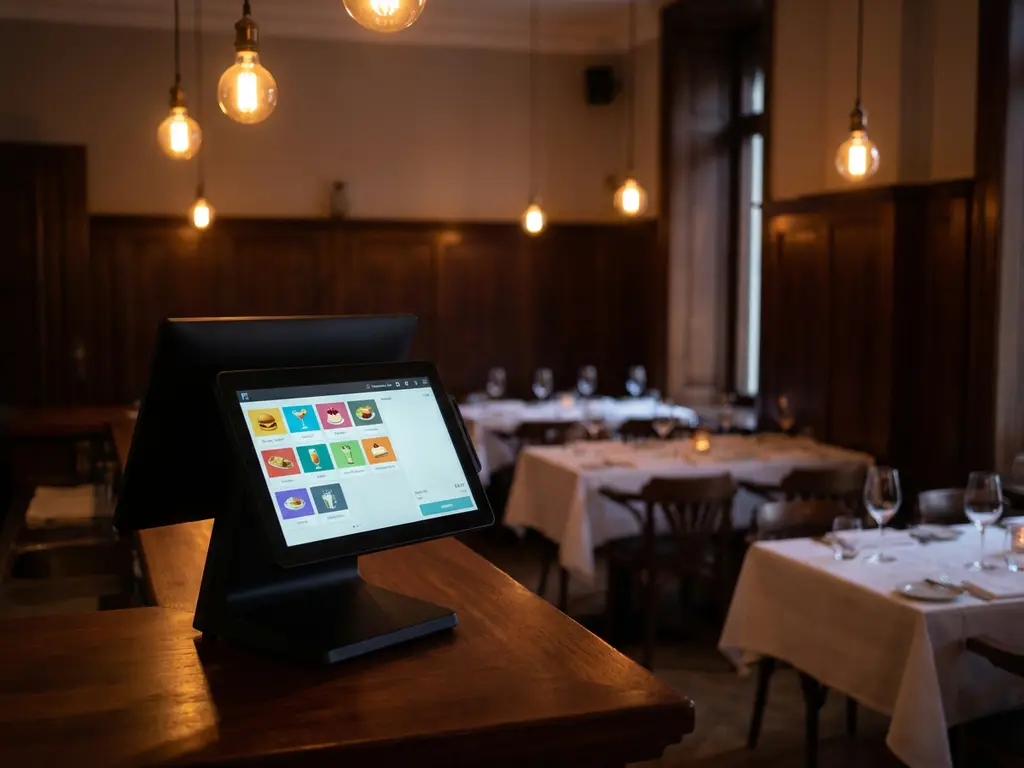 Moderne kassaterminal met touchscreen op houten toonbank in restaurant met gedekte tafels en warme Edison-verlichting