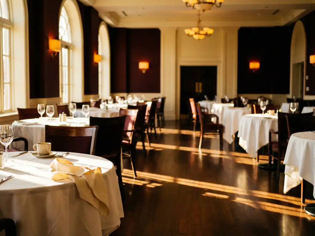 Lege hotelrestaurant met gedekte tafels, witte tafellinnen en wijnglazen tijdens gouden uurtje met warme schaduwen