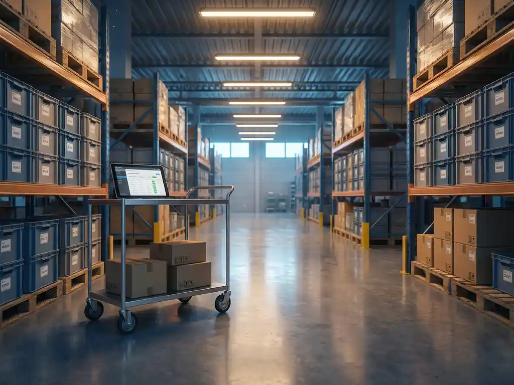 Lege magazijngang met metalen stellingen, gepolijste betonvloer en industriële verlichting die zich uitstrekt in de verte