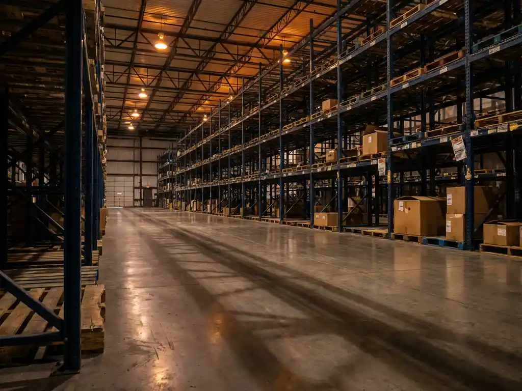 Lege magazijnvloer met glanzend beton, hoge metalen stellingen en kartonnen dozen onder warme industriële verlichting