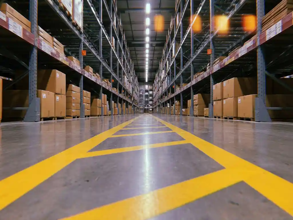 Lege magazijnvloer met hoge metalen stellingen, kartonnen dozen en gele veiligheidslijnen die gangpaden markeren