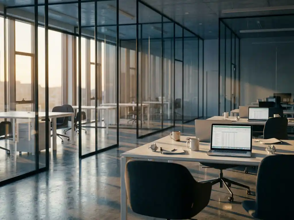 Modern kantoorruimte met glazen wanden, witte bureaus met laptops en koffiekopjes, betonnen vloer in gouden middaglicht