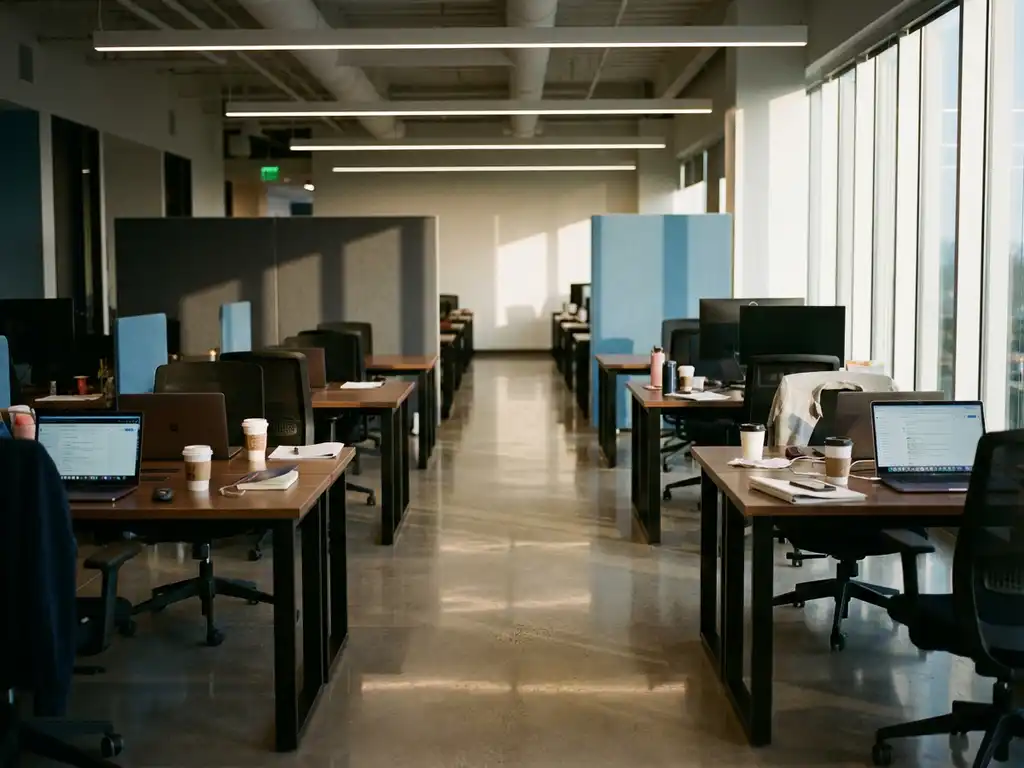 Moderne kantoorvloer met rijen werkstations, open laptops en koffiekopjes, natuurlijk licht door vloer-tot-plafond ramen