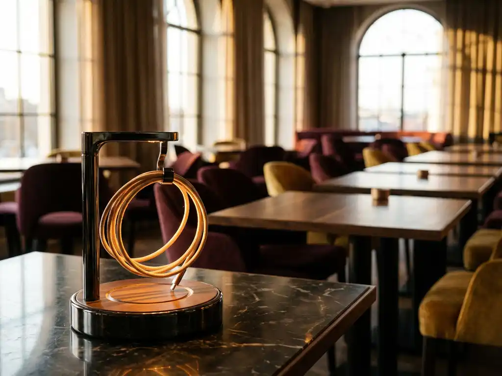 Elegante oplaadstation met gloeiende kabel op marmeren oppervlak in luxe restaurant met houten tafels en gouden verlichting