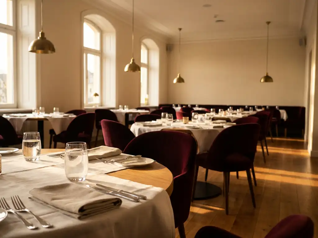 Elegant restaurant met witte tafelkleden, gepolijst bestek en warm avondlicht door grote ramen op hardhouten vloer