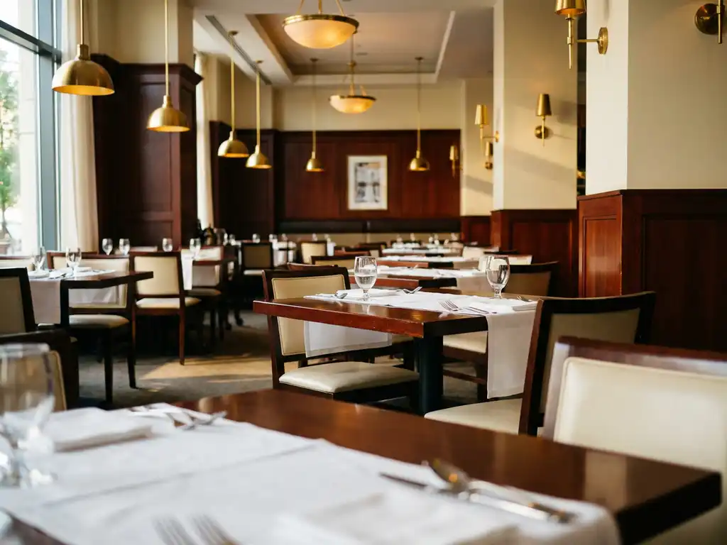 Lege restaurantzaal met houten tafels, witte tafelkleden en glanzend bestek, warme hanglampen verlichten de ruimte