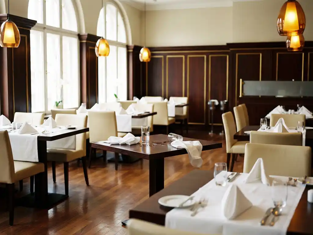 Elegant restaurant met houten tafels en witte tafelkleden, één tafel met omgevallen waterglas en verspreide servetten