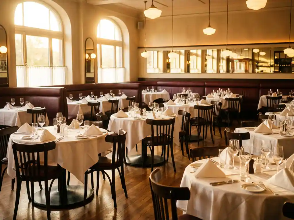 Elegante restaurantzaal met ronde tafels, witte tafelkleden, bordeauxrode banken en warme houten vloeren in gouden avondlicht