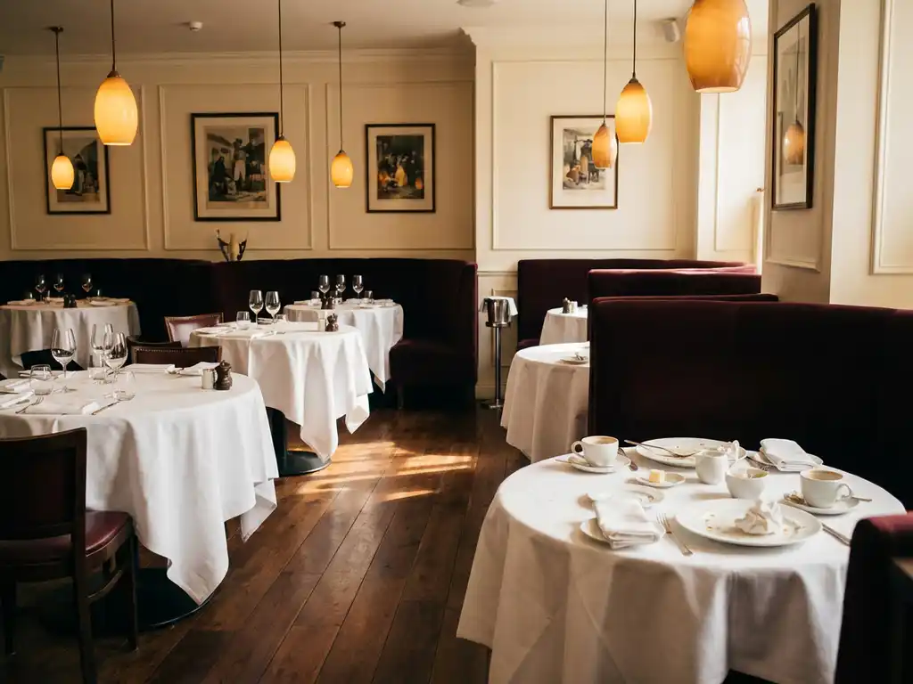 Elegant restaurant met ronde tafels, witte tafelkleden en wijnglazen, warme verlichting op gepolijste houten vloeren