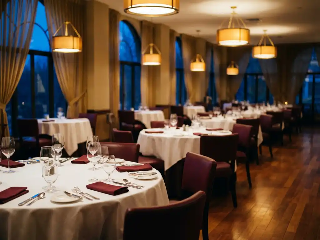 Leeg restaurant met ronde tafels, witte tafelkleden, elegante gedekte couvert en warme hanglampverlichting op hardhouten vloer