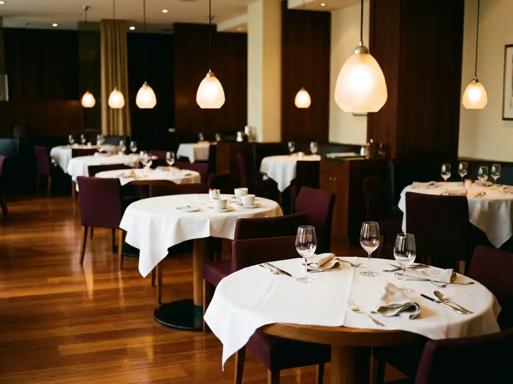 Lege restaurantzaal met ronde tafels, witte tafelkleden, elegante gedekte tafels en warme hanglampen boven glanzende houten vloeren