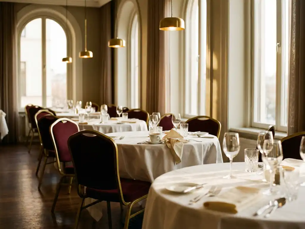 Lege restaurantzaal met wit gedekte tafels, glimmend bestek en warme hanglampverlichting na de service