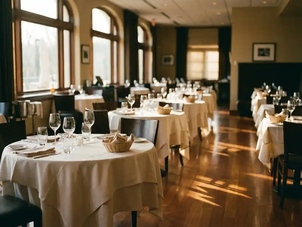 Lege restaurantzaal met witte tafellakens, gepolijste wijnglazen en warm middaglicht door grote ramen op houten vloeren