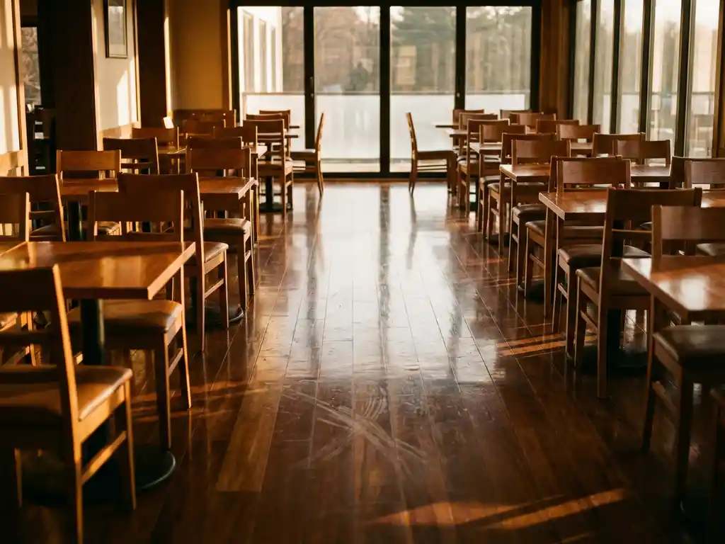Lege restaurantzaal met glanzende houten vloeren, keurig gerangschikte tafels en stoelen, warm middaglicht door grote ramen