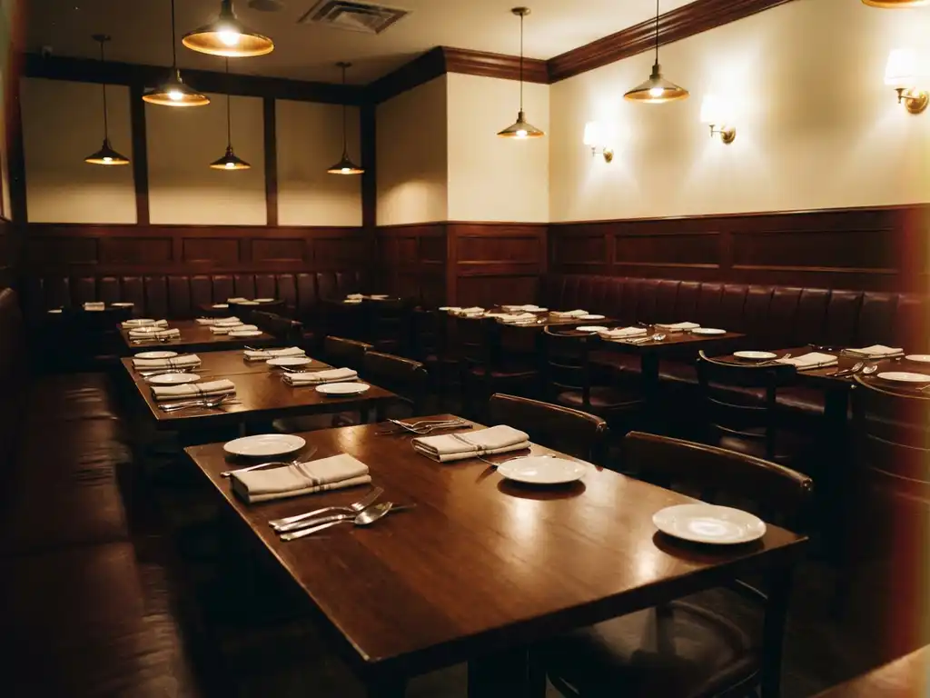 Lege restaurantzaal na sluitingstijd met gedekte tafels, warme hanglampen en bordeauxrode banken in mahoniehout interieur
