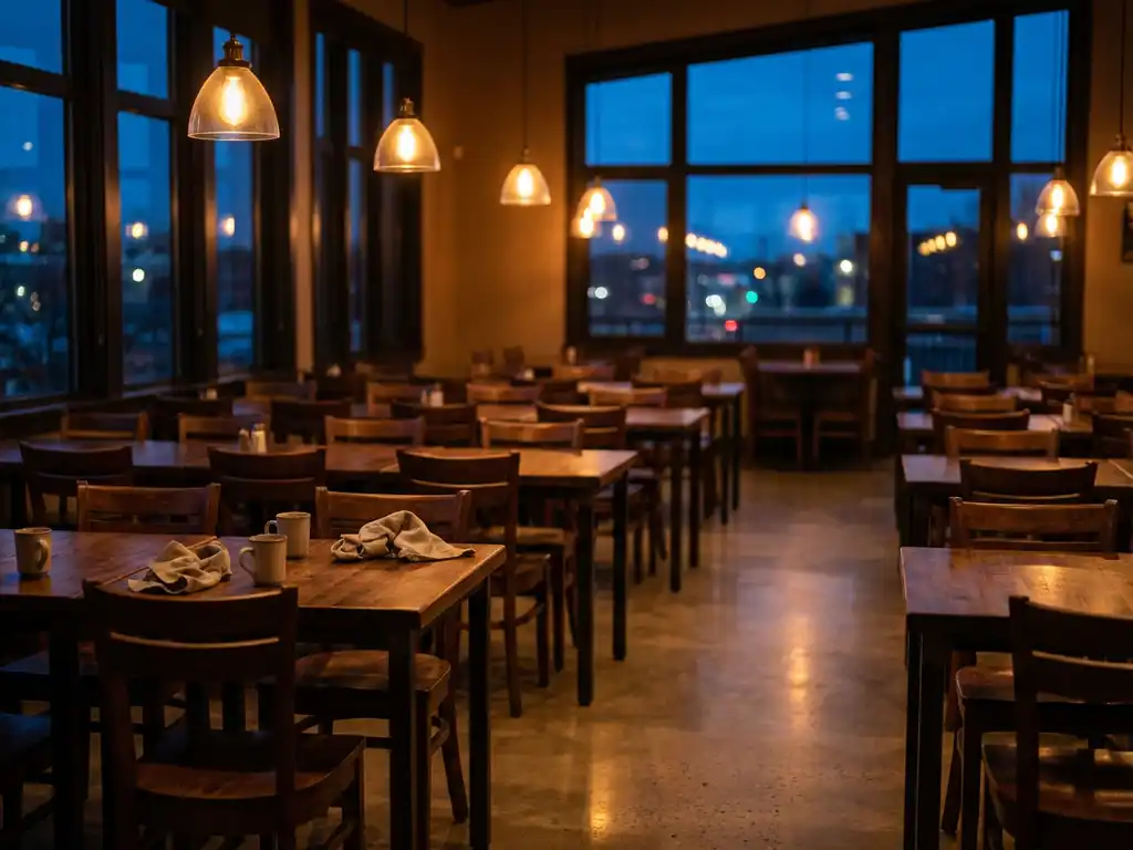 Leeg restaurant met houten tafels en stoelen, warme hanglampen en avondlicht door grote ramen