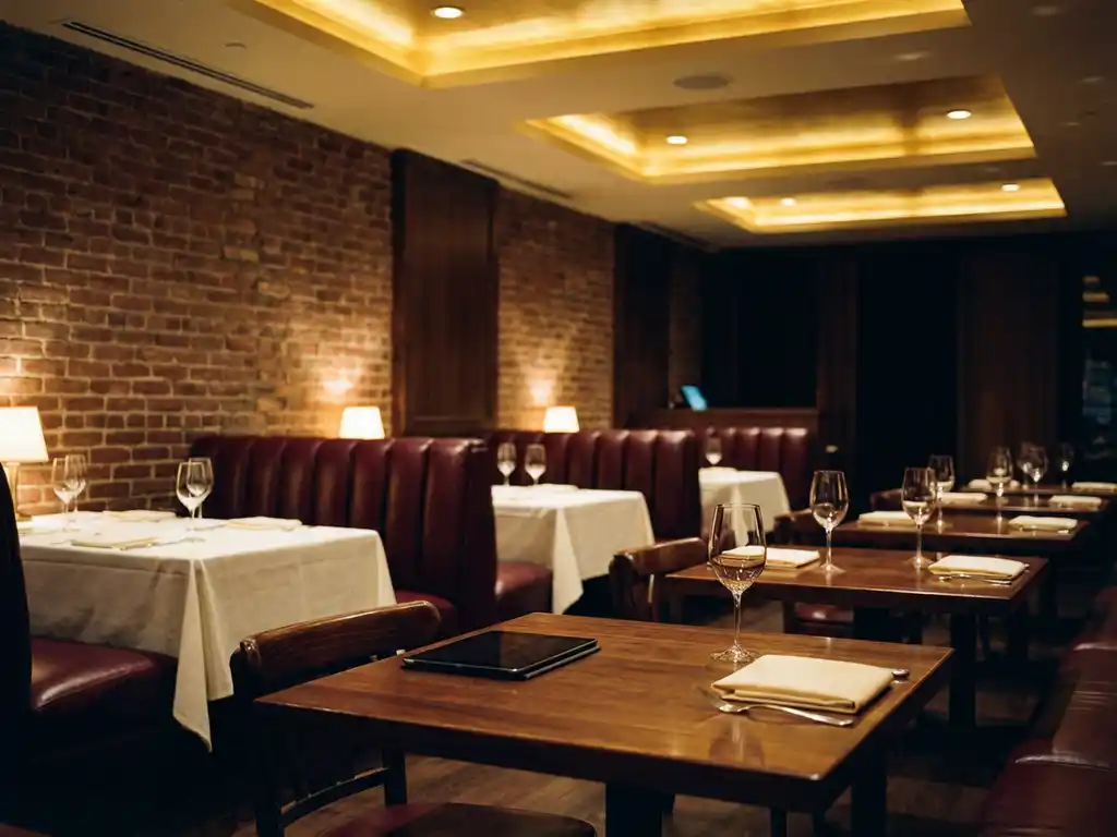Leeg restaurant met elegante houten tafels, witte tafelkleden, wijnglazen en bordeauxrode banken langs bakstenen muren