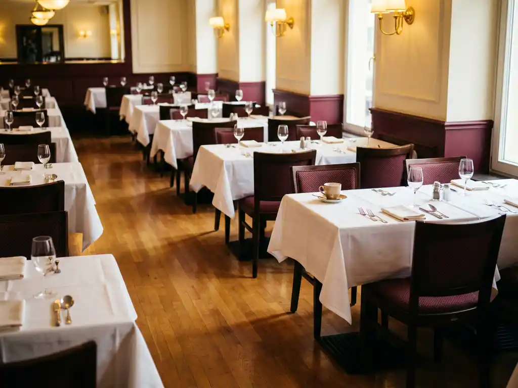 Leeg restaurant met wit gedekte tafels, glanzend bestek en warme verlichting op gepolijste houten vloer