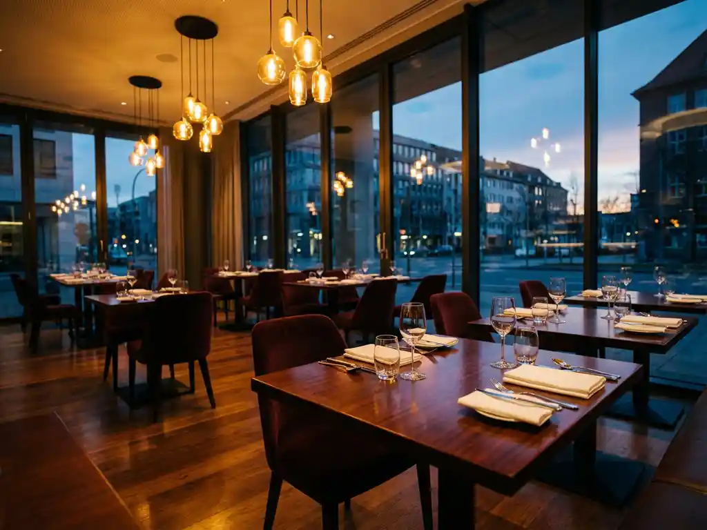 Elegant restaurantzaal met houten tafels, witte tafellinnen, gouden hanglampen en bordeauxrode stoelen bij schemering