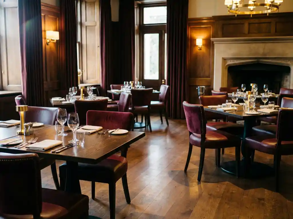 Leeg restaurant met houten tafels, gestoffeerde stoelen en warm ambiënt licht op gepolijste vloeren