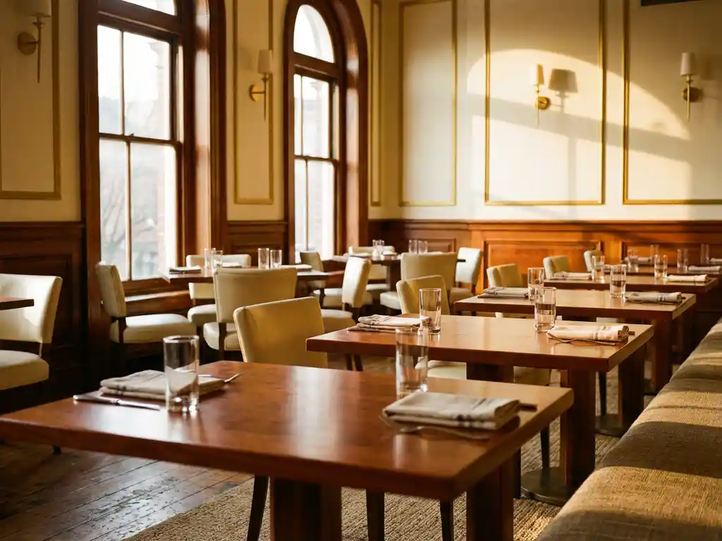 Lege restaurantzaal met houten tafels, gestoffeerde stoelen en warm middaglicht door grote ramen