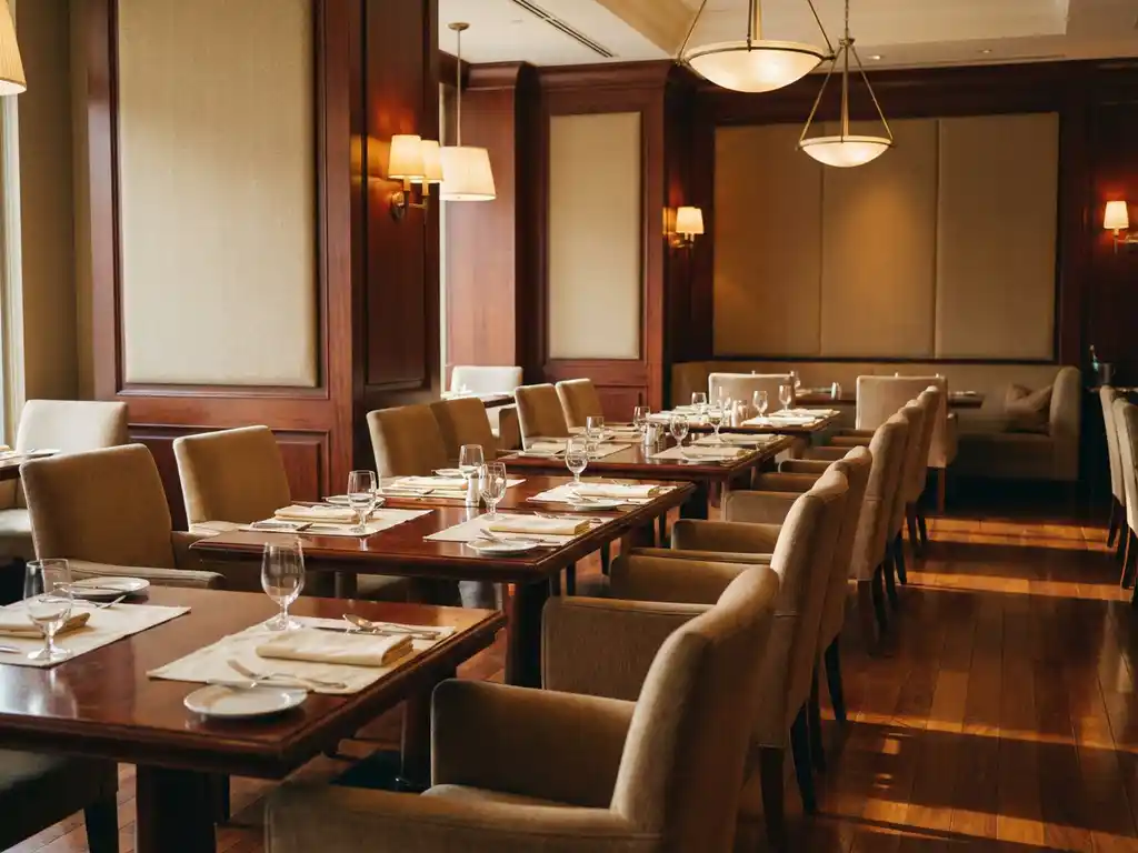 Lege restaurantzaal met houten tafels, gestoffeerde stoelen en warme verlichting die zachte schaduwen werpt op gepolijste vloeren