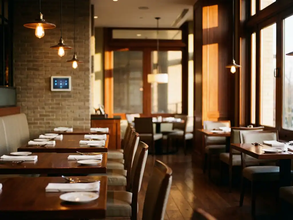 Leeg restaurant met houten tafels, witte borden, hangende lampen en communicatiepaneel op bakstenen muur